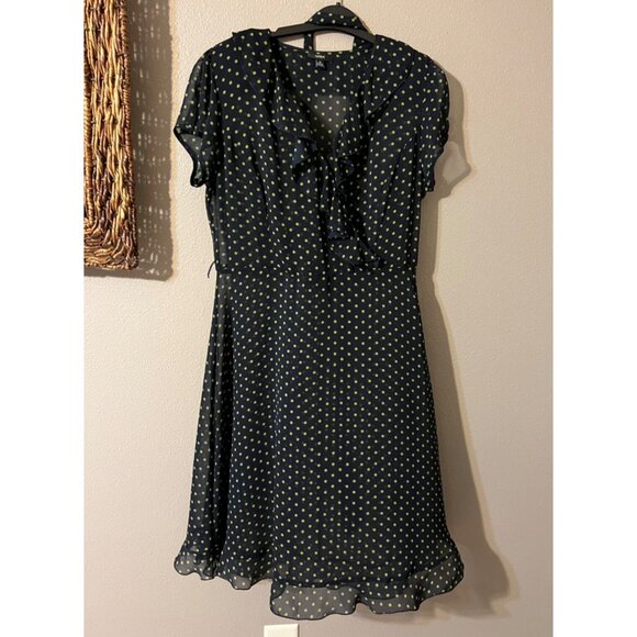 MSK Dress Navy Blue Green 16 Polka Dot Flowy Midi W Belt Washable Sheer Fairy - Picture 7 of 7